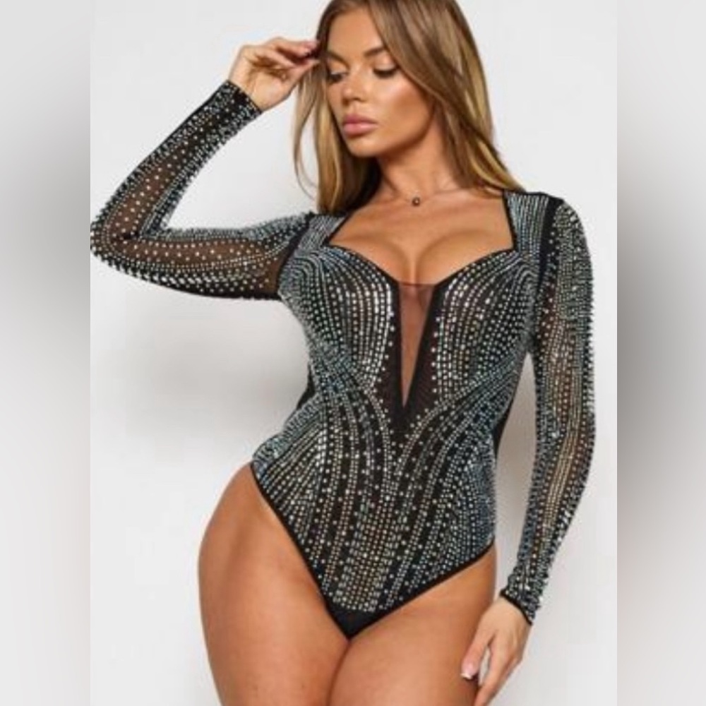 Crystal long sleeve bodysuit,stretchy